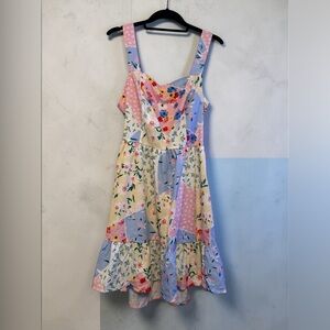 Floral Patchwork Midi Dress - Pink & Blue
